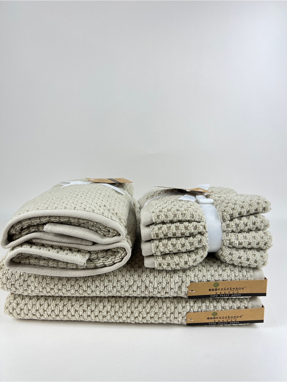 Ecoexistence Bamboo Bath Towel Set Tan Waffle Zero Twist Soft Cotton 8 Pc NEW